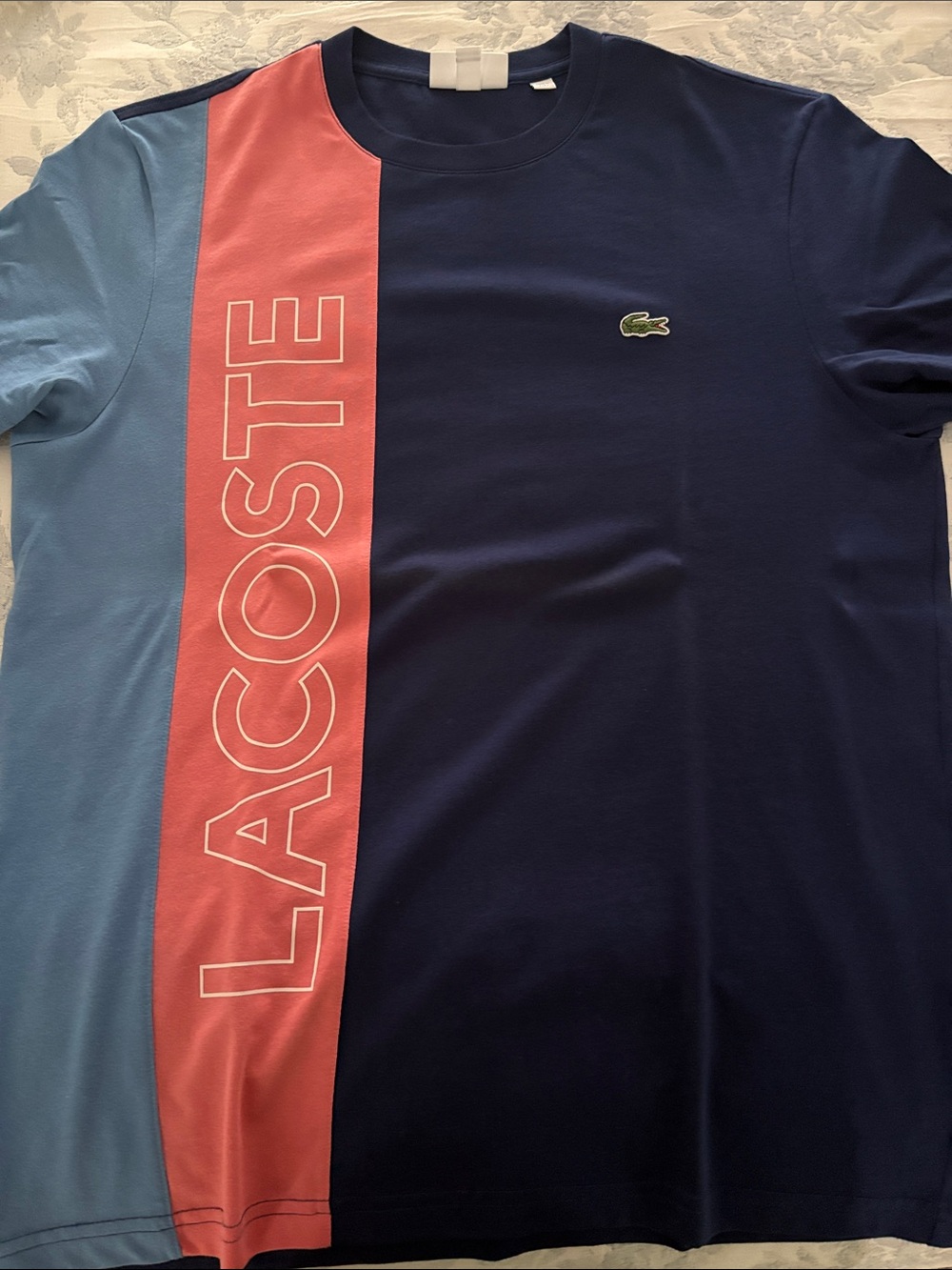 Lacoste Navy, Light Blue & Coral Colorblock Crewneck Tee